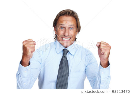 Frustration, fist and portrait of a businessman in studio with an angry facial expression for bad news. Upset, stress and frustrated corporate male model with a problem isolated by white background. 98213470