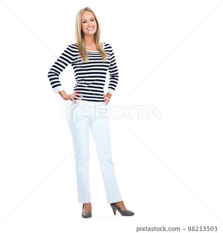 Portrait, mockup and full body with a model woman in studio isolated on a white background for fashion. Marketing, advertising and stripes with an attractive female standing on blank mock up space 98213503