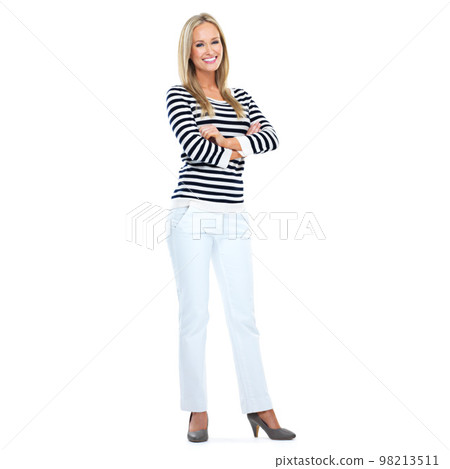 Studio portrait, woman and happy with arms crossed, style or fashion by white background with beauty. Model, smile and isolated for happiness, excited or jeans for lifestyle, blonde hair or confident Studio portrait, woman and happy with arms crossed, style or fashion by white background with beauty. Model, smile and isolated for happiness, excited or jeans for lifestyle, blonde hair or confident 98213511