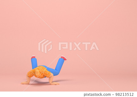 The woman with golden hair tied in a bun wearing blue corduroy pants and Orange T-shirt with white stripes. She is doing exercise. 3d rendering of cartoon character in acting. The woman with golden hair tied in a bun wearing blue corduroy pants and Orange T-shirt with white stripes. She is doing exercise. 3d rendering of cartoon character in acting. 98213512