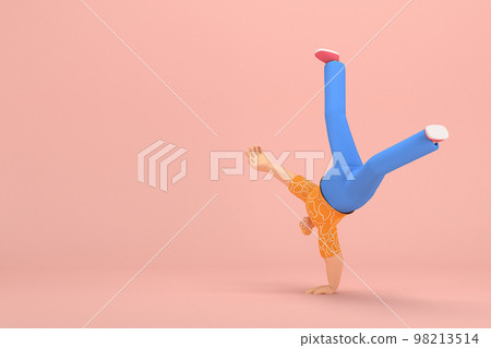 The woman with golden hair tied in a bun wearing blue corduroy pants and Orange T-shirt with white stripes.  She is doing exercise. 3d rendering of cartoon character in acting. 98213514