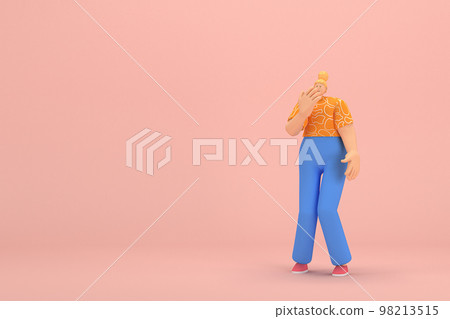 The woman with golden hair tied in a bun wearing blue corduroy pants and Orange T-shirt with white stripes.  She is expression  of hand when talking. 3d rendering of cartoon character in acting. 98213515