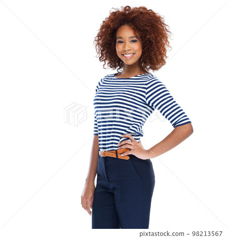 Portrait, smile and black woman in studio, white background and isolated pose. Happy female model, trendy fashion and casual outfit style with afro, motivation and happiness of confident empowerment Portrait, smile and black woman in studio, white background and isolated pose. Happy female model, trendy fashion and casual outfit style with afro, motivation and happiness of confident empowerment 98213567