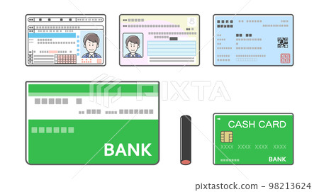 駕駛執照、我的號碼卡、保險證、存摺、圖章、提款卡（各種身份證明）的插圖 98213624