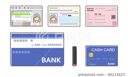 Illustration of driver's license, my number card, insurance card, passbook, seal, cash card (various identification) 98213625