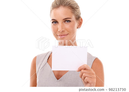 Business card mockup, smile and portrait of woman with marketing, advertising or product placement space. Contact info mock up, corporate promo sign and professional worker on white background studio Business card mockup, smile and portrait of woman with marketing, advertising or product placement space. Contact info mock up, corporate promo sign and professional worker on white background studio 98213730