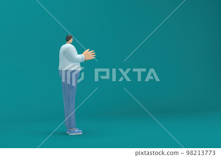 cartoon character wearing jeans and long shirt. He is expression of body and hand when talking. 3d rendering in acting. cartoon character wearing jeans and long shirt. He is expression of body and hand when talking. 3d rendering in acting. 98213773