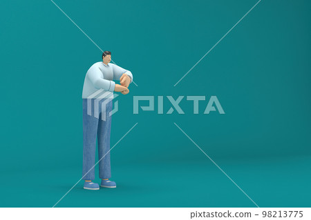 cartoon character wearing jeans and  long shirt. He is expression  of body and hand when talking. 3d rendering in acting. 98213775