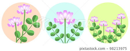 Spring wildflowers sticker set. 3 round stickers of Astragalus flowers. Spring wildflowers sticker set. 3 round stickers of Astragalus flowers. 98213975