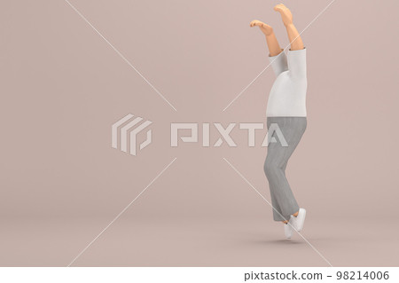The man with beard wearinggray corduroy pants and white collar t-shirt.  He is jumping. 3d rendering of cartoon character in acting. 98214006