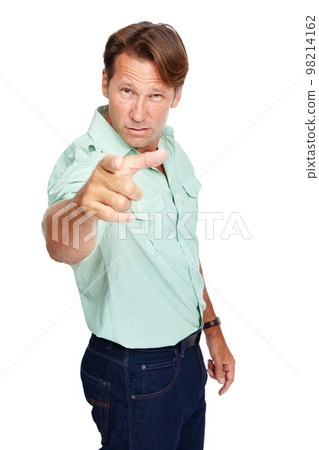 Portrait, angry and man pointing, upset and mature guy isolated on white studio background. Male, gentleman and gesture for argument, anger and screaming for fight, issues and problems on backdrop 98214162