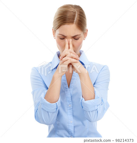 Business woman, stress and mental health or anxiety with headache against a white studio background. Isolated female employee suffering from depression, thinking or frustrated with hands on head Business woman, stress and mental health or anxiety with headache against a white studio background. Isolated female employee suffering from depression, thinking or frustrated with hands on head 98214373