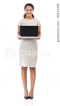Business women in portrait, mockup with laptop, technology and corporate communication, email and networking with internet. Black woman with laptop screen, professional marketing for pc or company Business women in portrait, mockup with laptop, technology and corporate communication, email and networking with internet. Black woman with laptop screen, professional marketing for pc or company 98214396