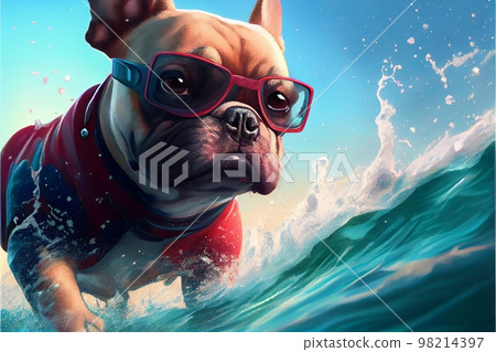 French bulldog, in a red glasses and swimm suit, swims through the waves on a surfboard. French bulldog, in a red glasses and swimm suit, swims through the waves on a surfboard. 98214397