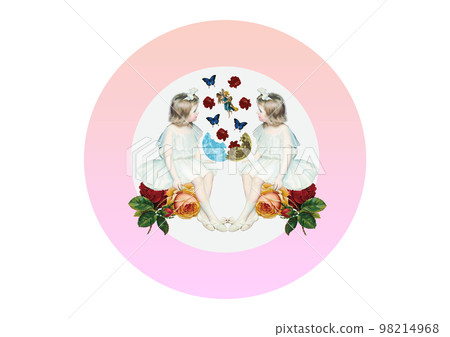 復古圓形標籤設計，一個女孩看著仙女和蝴蝶從裂月中飛出 98214968