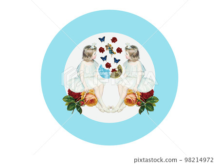 復古圓形標籤設計，一個女孩看著仙女和蝴蝶從裂月中飛出 98214972