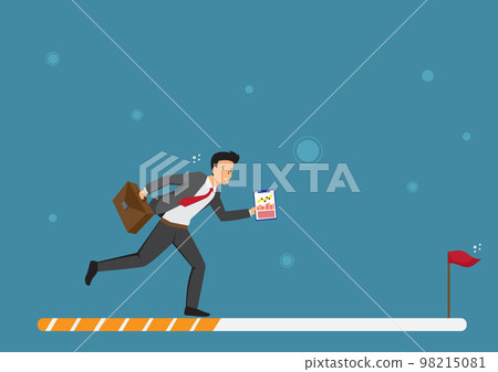 Progress or journey to success or achieve goal, business step or career path, mission or challenge to succeed, improvement concept, ambitious businessman run on progress bar to achieve success 98215081