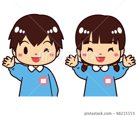 穿著工作服揮手的可愛幼兒園兒童 穿著工作服揮手的可愛幼兒園兒童 98215153