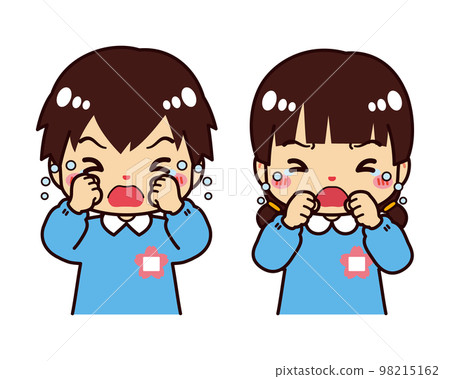 Cute kindergarten children wearing smocks crying Cute kindergarten children wearing smocks crying 98215162