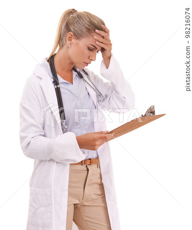 Stress, problem and doctor reading a report, healthcare chart or lab results on a studio background. Mistake, check and woman with medical charts anxiety, research and survey on a white background 98216074