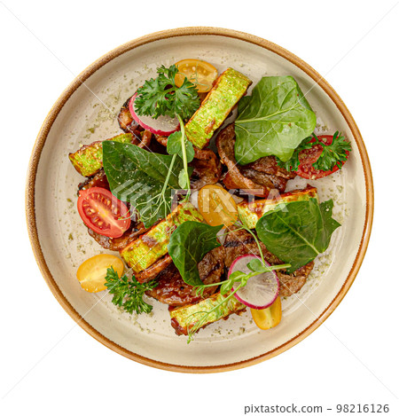 Portion of warm salad with veal and zucchini Portion of warm salad with veal and zucchini 98216126