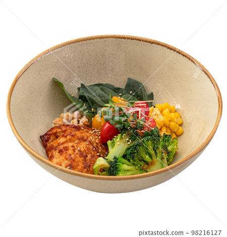 Chicken poke bowl with vegetables and corn Chicken poke bowl with vegetables and corn 98216127