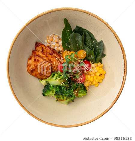 Chicken poke bowl with vegetables and corn Chicken poke bowl with vegetables and corn 98216128