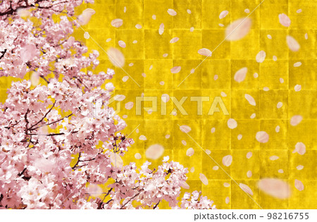 Cherry blossoms in full bloom and dancing petals, gold leaf background art drawn in Rinpa style Cherry blossoms in full bloom and dancing petals, gold leaf background art drawn in Rinpa style 98216755