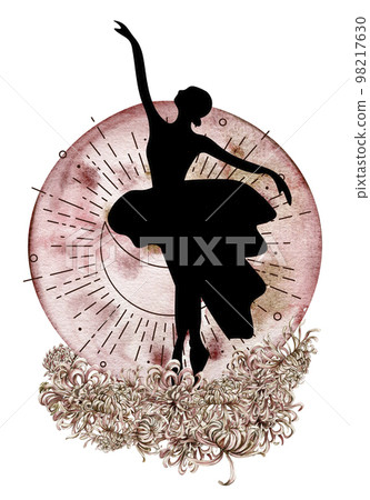 Watercolor dancing pink pretty ballerina with flowers and moon. Watercolor hand drawn illustration. Can be used for cards or posters. With white isolated background. Young pretty ballerina women. Watercolor dancing pink pretty ballerina with flowers and moon. Watercolor hand drawn illustration. Can be used for cards or posters. With white isolated background. Young pretty ballerina women. 98217630