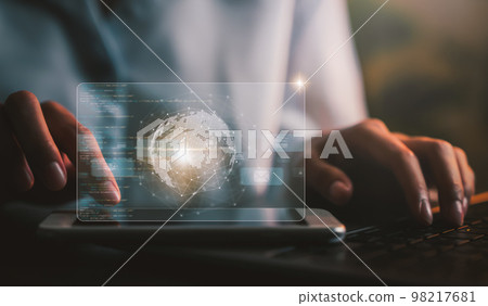 Technology concept with cyber security internet and networking, Businessman hand working on laptop 98217681