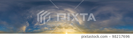 Dramatic sunset sky panorama with Cumulus clouds. Seamless hdr 360 pano in spherical equirectangular format. Complete zenith for 3D visualization, game and sky replacement for aerial drone panoramas 98217696