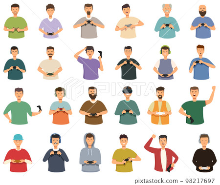 Men playing video games icons set cartoon vector. Virtual gamer. People online 98217697