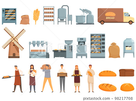 Bread production icons set cartoon vector. Bread factory. Bakery food 98217708