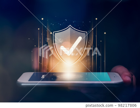 Technology cyber security internet and networking online concept, hand touching interface verified 98217806