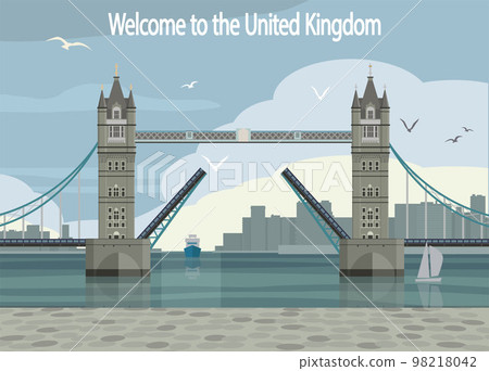 Tower Bridge against the backdrop of the silhouette of the city in the fog. Vector. 98218042