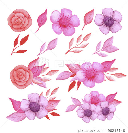 Hand drawn watercolor valentine set of leaves and flowers. St. Valentine's decorative element. Scrapbook desing, lable, banner, post card. 98218148