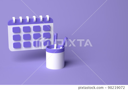 display for web pages, advertising, commerce. Agenda, pencil, markers. Purple color. 3D render display for web pages, advertising, commerce. Agenda, pencil, markers. Purple color. 3D render 98219072