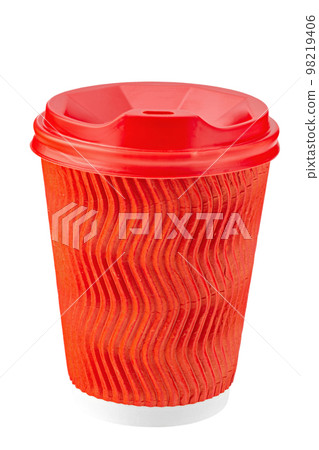 Disposable paper cup with lid for coffee, tea and other hot drinks isolated on white background. Disposable paper cup with lid for coffee, tea and other hot drinks isolated on white background. 98219406