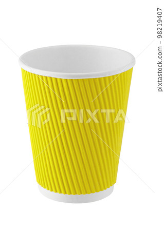 Empty yellow disposable paper cup for drinks isolated on white background. Empty yellow disposable paper cup for drinks isolated on white background. 98219407