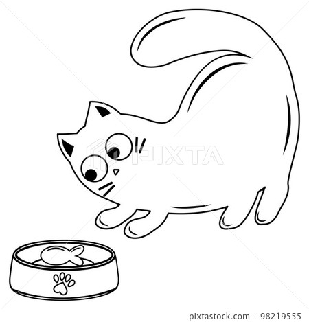 Cute cat with a bowl of food, black outline, vector illustration in doodle style 98219555