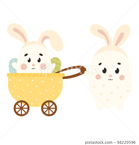Cute Easter egg character with bunny ears in yellow country cart, design element for spring themed invitations Cute Easter egg character with bunny ears in yellow country cart, design element for spring themed invitations 98220596