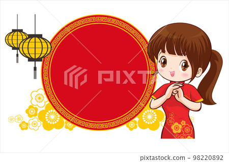 Pretty Chinese girl in mandarin gown with Chinese new year festival with space frame Pretty Chinese girl in mandarin gown with Chinese new year festival with space frame 98220892
