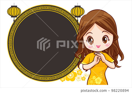 Pretty Chinese girl in mandarin gown with Chinese new year festival with space frame Pretty Chinese girl in mandarin gown with Chinese new year festival with space frame 98220894