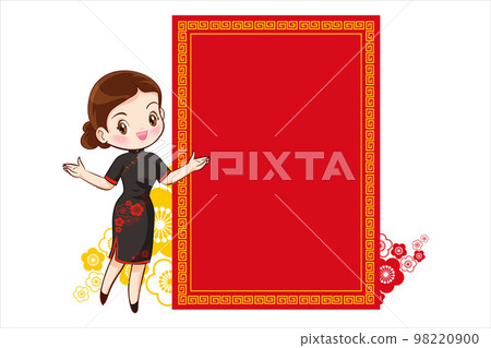 Pretty Chinese girl in mandarin gown with Chinese new year festival with space frame Pretty Chinese girl in mandarin gown with Chinese new year festival with space frame 98220900
