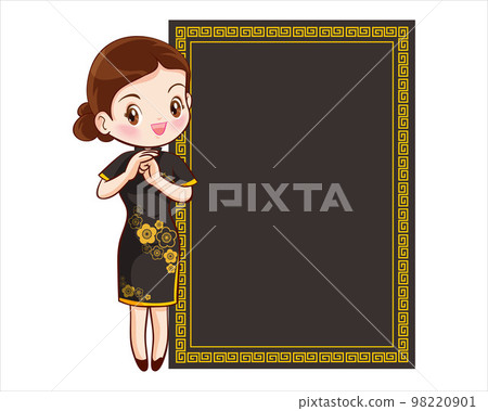 Pretty Chinese girl in mandarin gown with Chinese new year festival with space frame Pretty Chinese girl in mandarin gown with Chinese new year festival with space frame 98220901