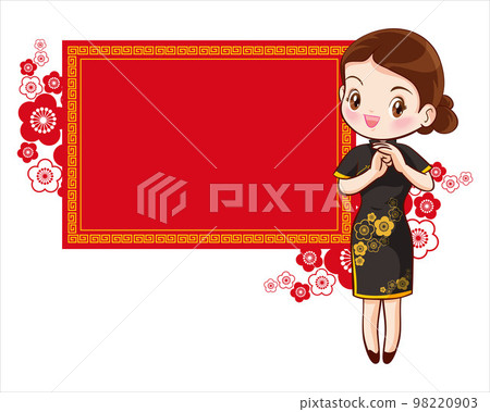 Pretty Chinese girl in mandarin gown with Chinese new year festival with space frame 98220903