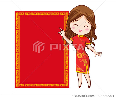 Pretty Chinese girl in mandarin gown with Chinese new year festival with space frame 98220904