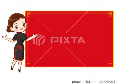 Pretty Chinese girl in mandarin gown with Chinese new year festival with space frame Pretty Chinese girl in mandarin gown with Chinese new year festival with space frame 98220905
