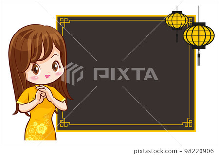 Pretty Chinese girl in mandarin gown with Chinese new year festival with space frame Pretty Chinese girl in mandarin gown with Chinese new year festival with space frame 98220906