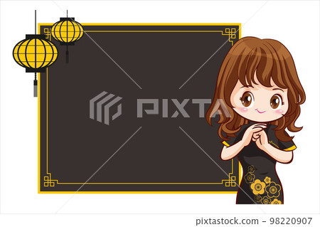 Pretty Chinese girl in mandarin gown with Chinese new year festival with space frame Pretty Chinese girl in mandarin gown with Chinese new year festival with space frame 98220907